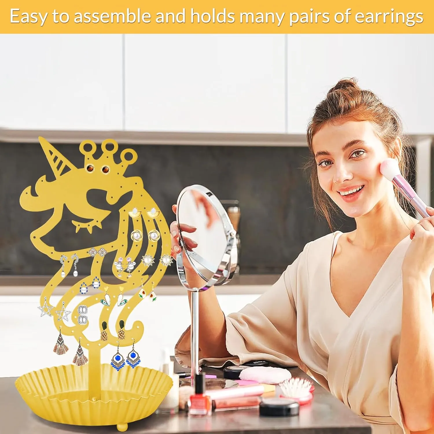 Unicorn Earring Holder Organizer Decor Stud Earrings Tree 81 Holes,Jewelry Earring Display,Metal Earring Storage Stand with Tray Gift (Gold)