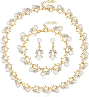 Unicra Pearl Bride Wedding Jewelry Set Crystal Bridal Necklace Bracelet Earrings Sets Rhinestone Choker Necklace Prom Costume Jewelry Set for Women and Brides