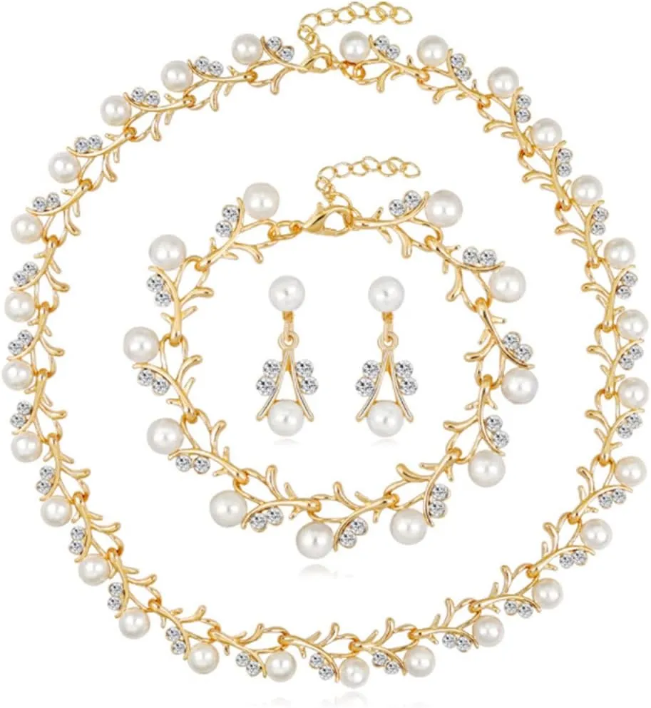 Unicra Pearl Bride Wedding Jewelry Set Crystal Bridal Necklace Bracelet Earrings Sets Rhinestone Choker Necklace Prom Costume Jewelry Set for Women and Brides