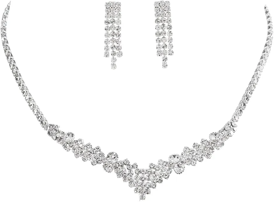 Unicra Silver Bride Necklace Earrings Set Bridal Wedding Jewelry Sets Rhinestone Prom Costume Jewelry Set for Women and Brides