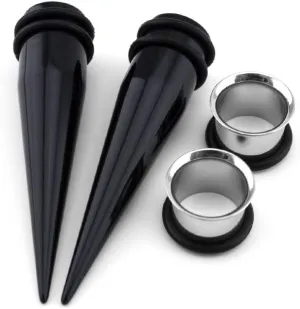 Urban Body Jewelry 9mm Ear Stretching Kit - 2 Black Acrylic Tapers & 2 Steel Tunnels (4 Pieces)