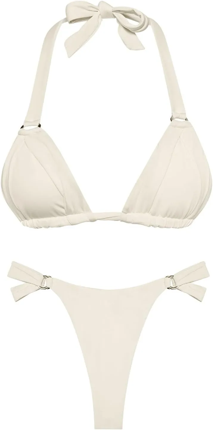 Women's Thong Bikini Sets Halter Gold Ring Ruched Triangle Bikini Swimwear Sexy Cheeky Thong Bathing Suit