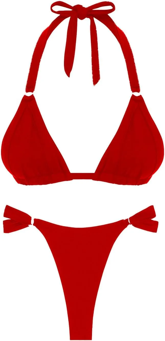 Women's Thong Bikini Sets Halter Gold Ring Ruched Triangle Bikini Swimwear Sexy Cheeky Thong Bathing Suit
