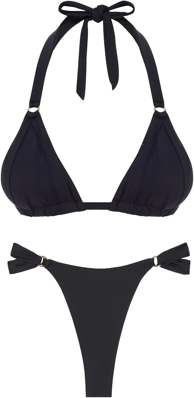 Women's Thong Bikini Sets Halter Gold Ring Ruched Triangle Bikini Swimwear Sexy Cheeky Thong Bathing Suit