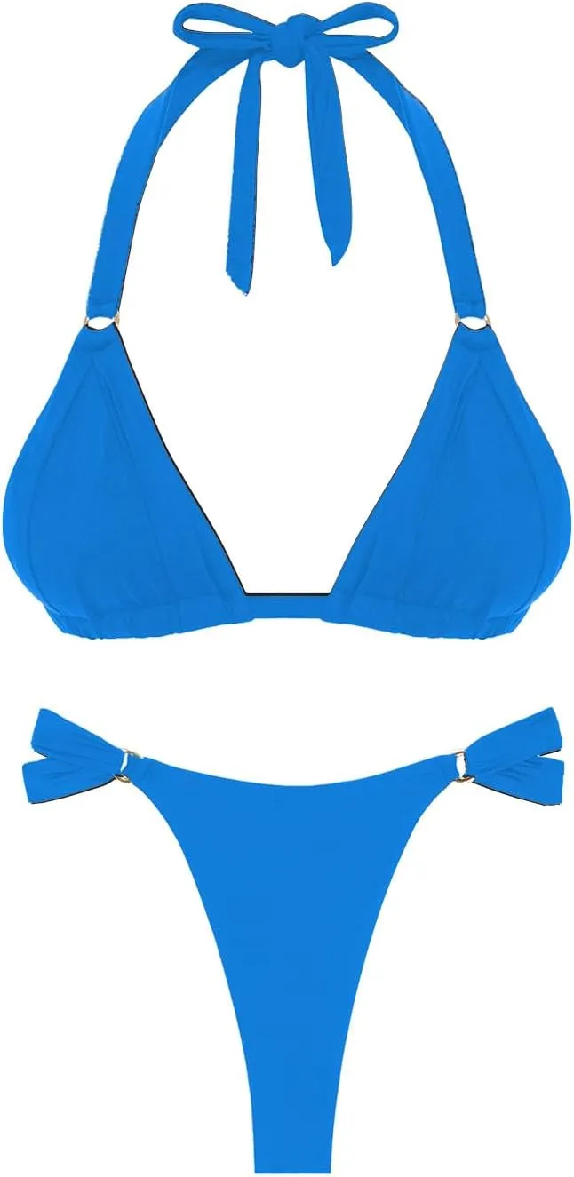 Women's Thong Bikini Sets Halter Gold Ring Ruched Triangle Bikini Swimwear Sexy Cheeky Thong Bathing Suit