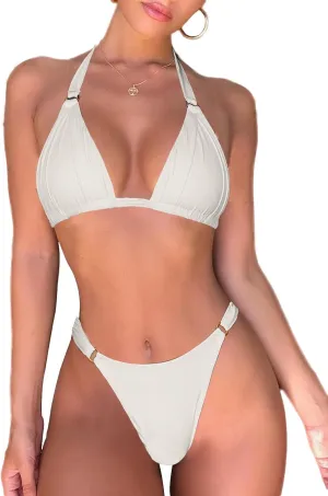 Women's Thong Bikini Sets Halter Gold Ring Ruched Triangle Bikini Swimwear Sexy Cheeky Thong Bathing Suit