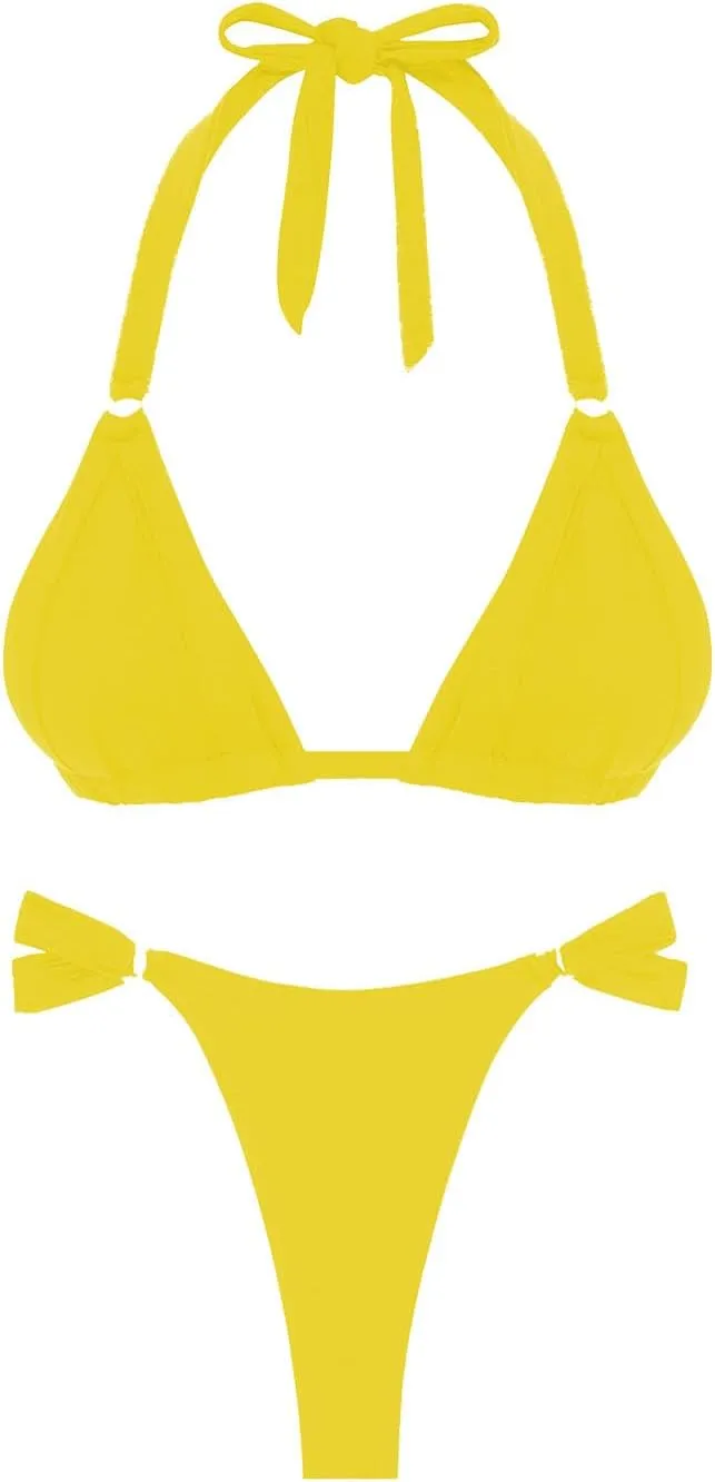 Women's Thong Bikini Sets Halter Gold Ring Ruched Triangle Bikini Swimwear Sexy Cheeky Thong Bathing Suit
