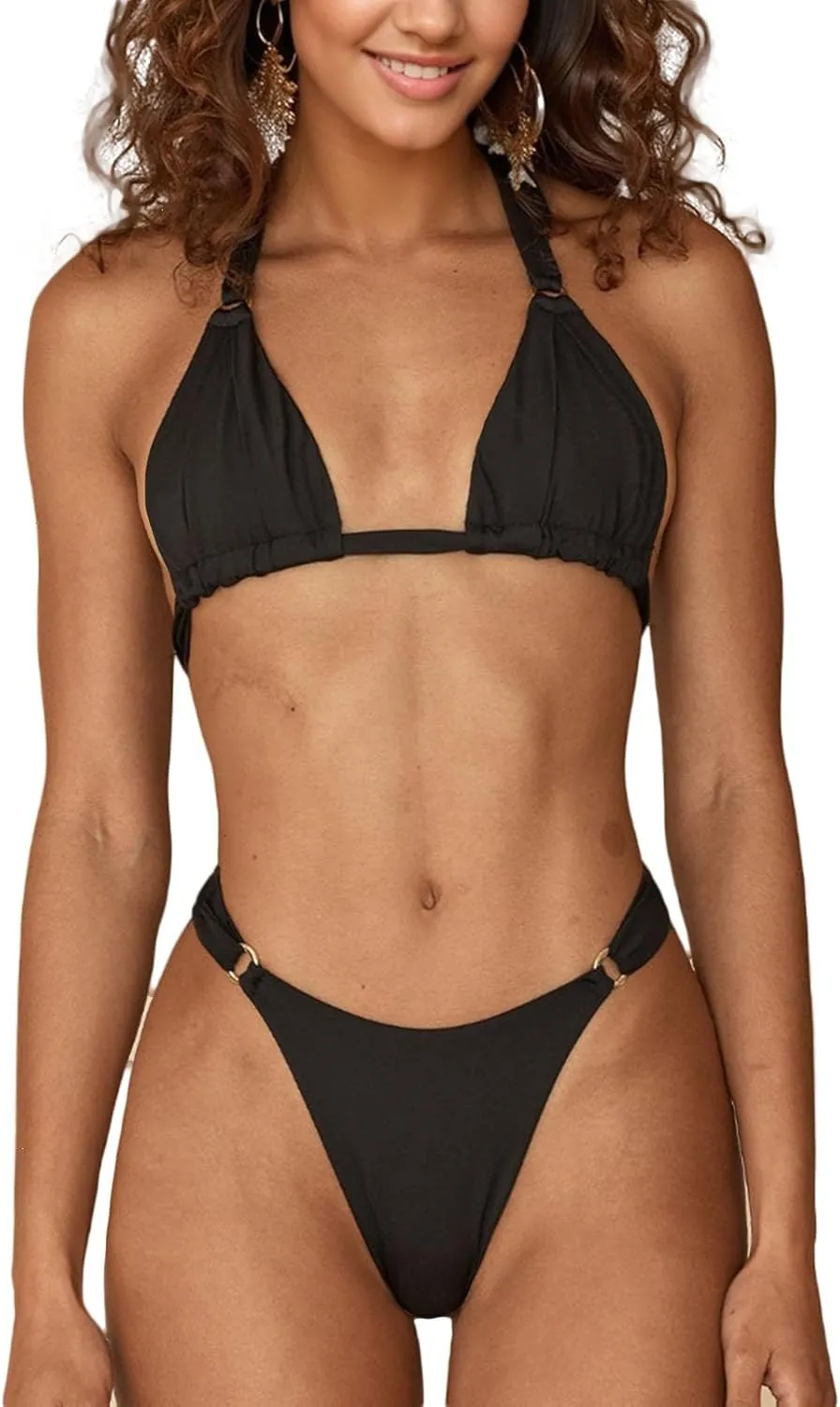 Women's Thong Bikini Sets Halter Gold Ring Ruched Triangle Bikini Swimwear Sexy Cheeky Thong Bathing Suit