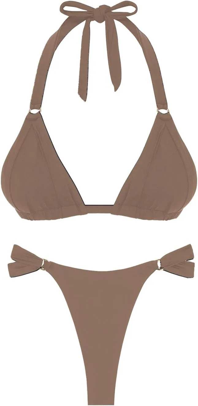 Women's Thong Bikini Sets Halter Gold Ring Ruched Triangle Bikini Swimwear Sexy Cheeky Thong Bathing Suit