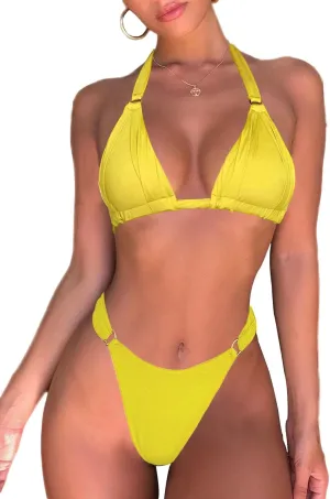 Women's Thong Bikini Sets Halter Gold Ring Ruched Triangle Bikini Swimwear Sexy Cheeky Thong Bathing Suit