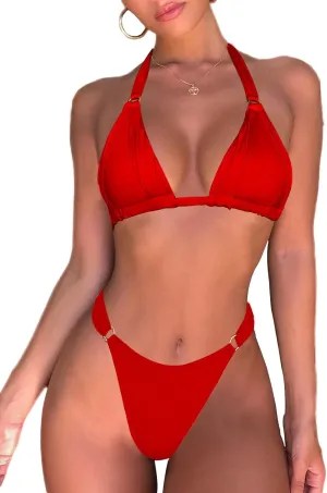 Women's Thong Bikini Sets Halter Gold Ring Ruched Triangle Bikini Swimwear Sexy Cheeky Thong Bathing Suit