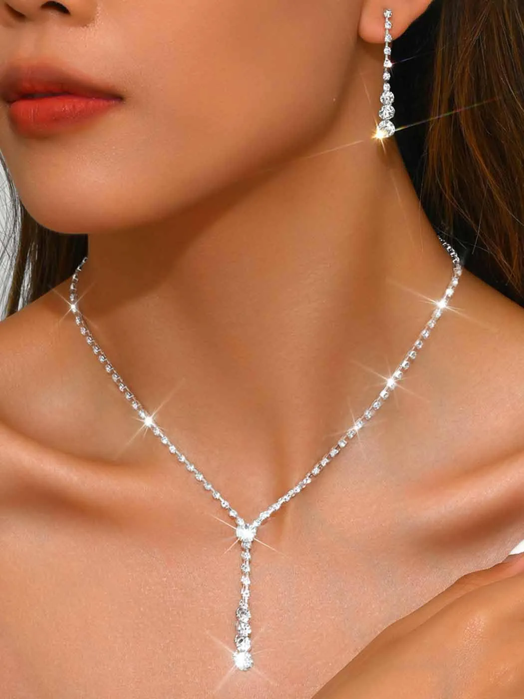 Yean Silver Bridal Jewelry Set Rhinestone Wedding Necklace and Earring Set Prom Jewelry for Women and Bride