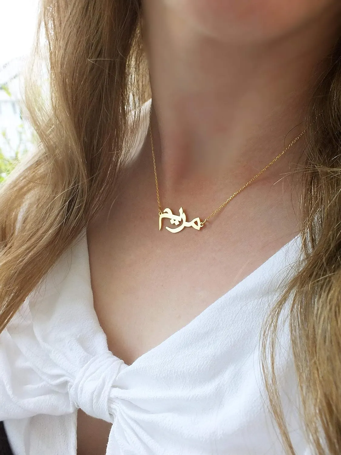 Yoke Style Arabic Name Necklace Personalized with Heart, 18K Gold-Plated Custom Name Pendant Necklace for Women